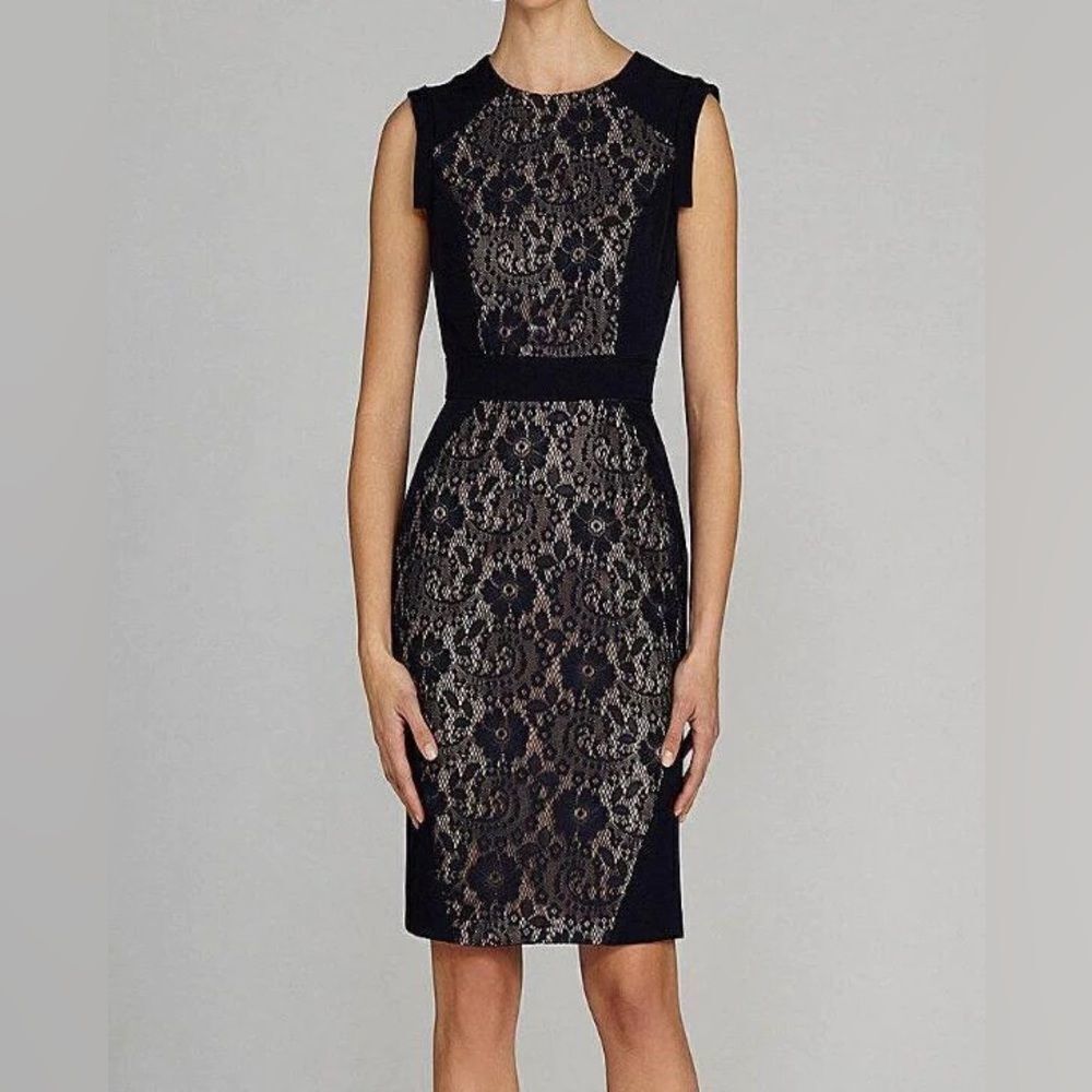 Adrianna Papell Black Tan Lace Sheath Dress pencil‎ size 2 Illusion sleeveless